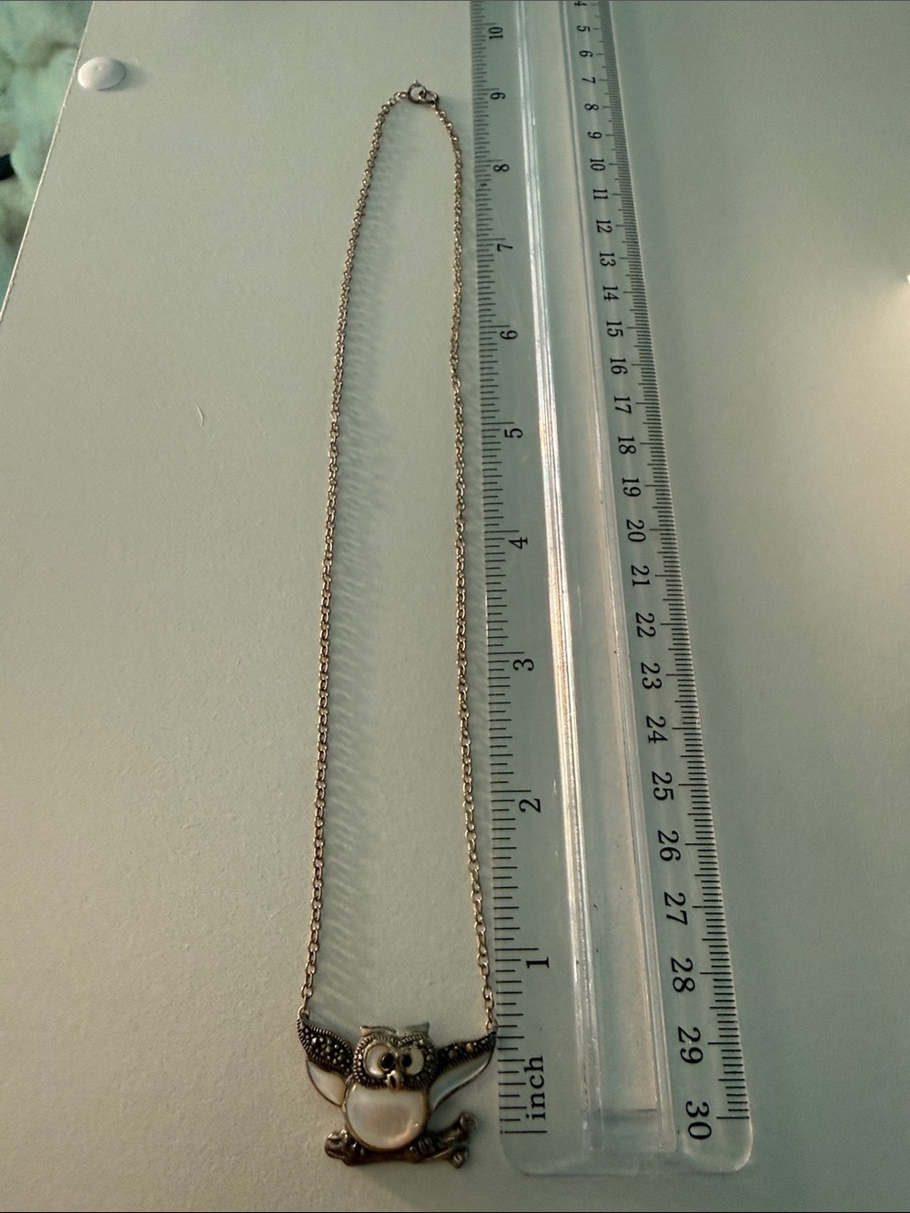 Silver- Owl Pendant Necklace with Mother of Pearl and Marcasite Accent